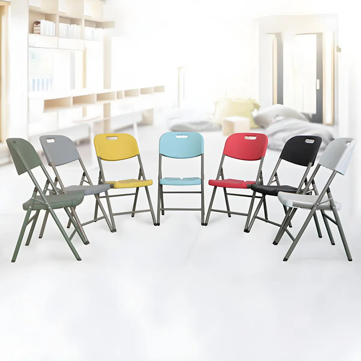 Armless Modern Folding Metal Frame Plastic Office Chair Image - 4