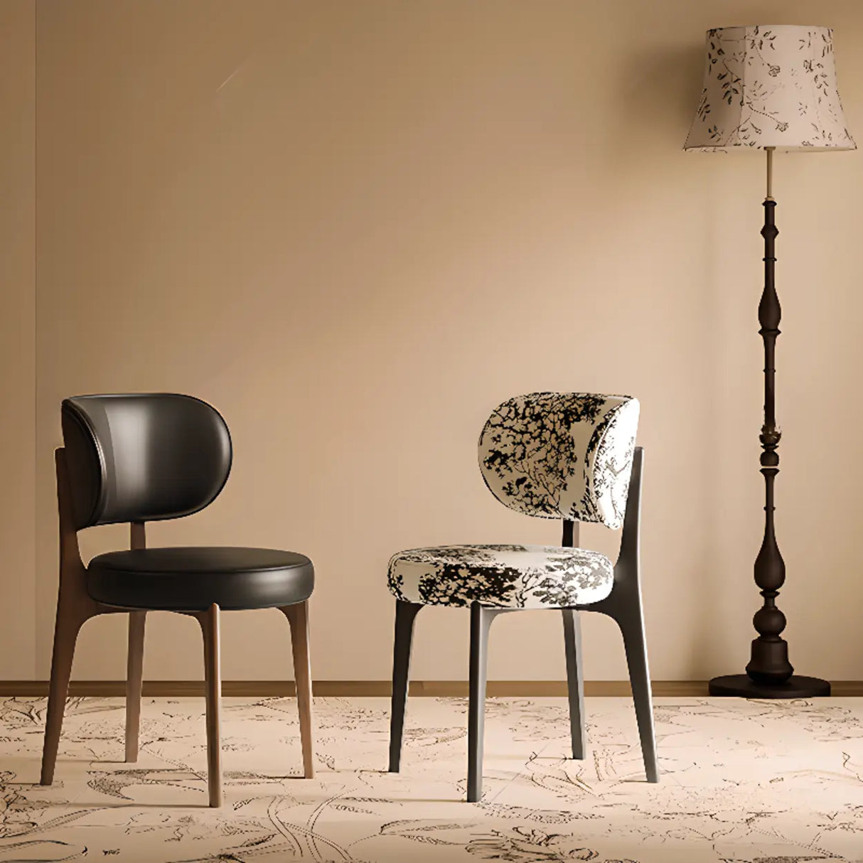 Armless Round Upholstered Back Wood Legs Dining Chair Image - 1