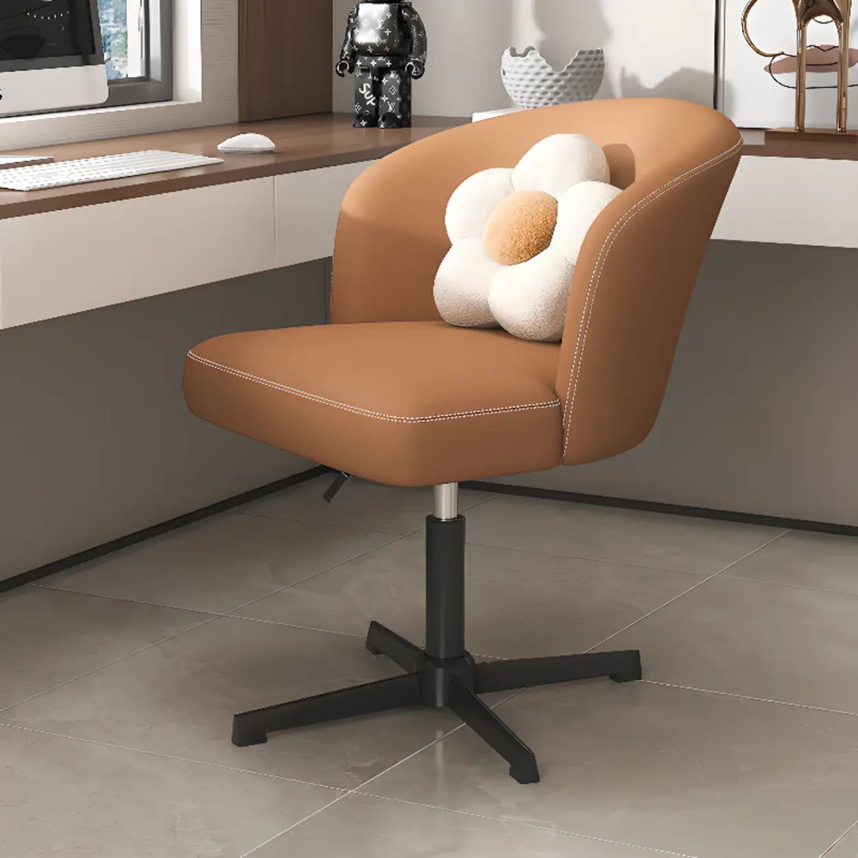 Art Deco AdjustableLeather Swivel Caramel Office Chair Image - 1