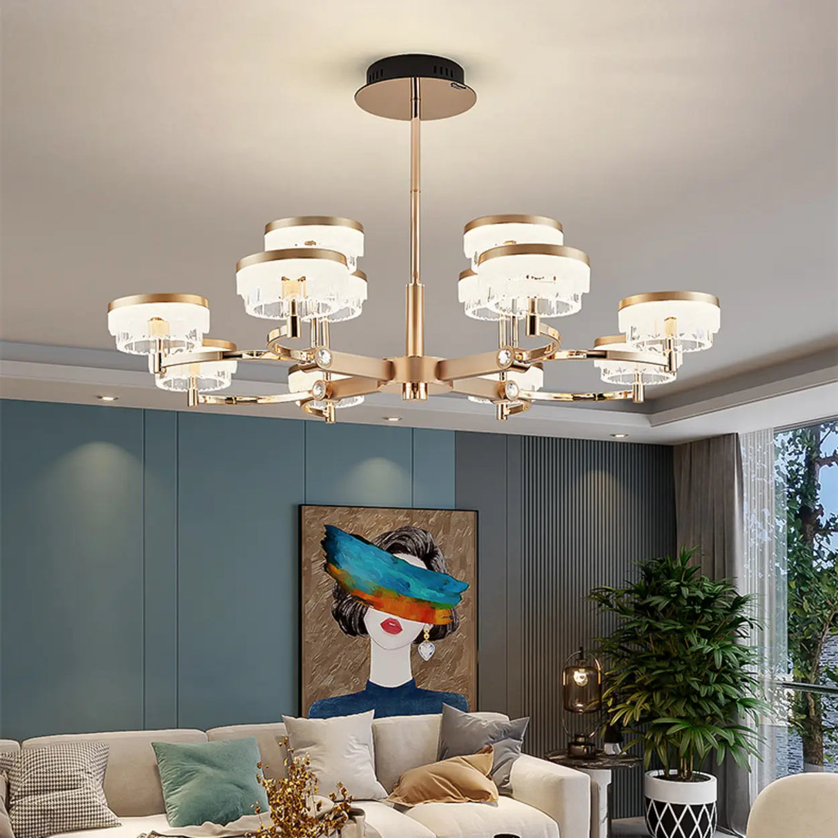 Art Deco Cylinder Gold Metal Living Room Glass Chandelier Image - 13