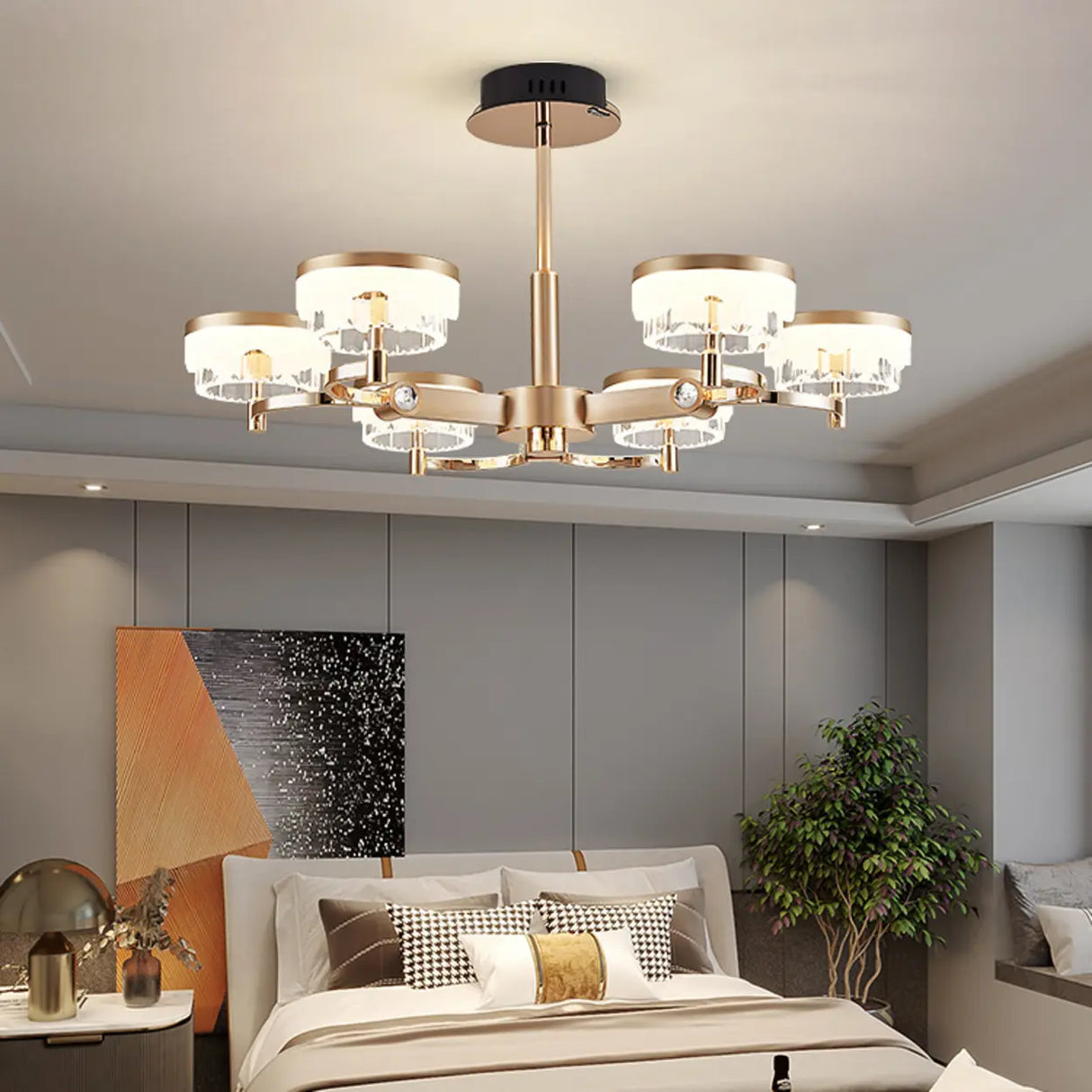 Art Deco Cylinder Gold Metal Living Room Glass Chandelier Image - 14
