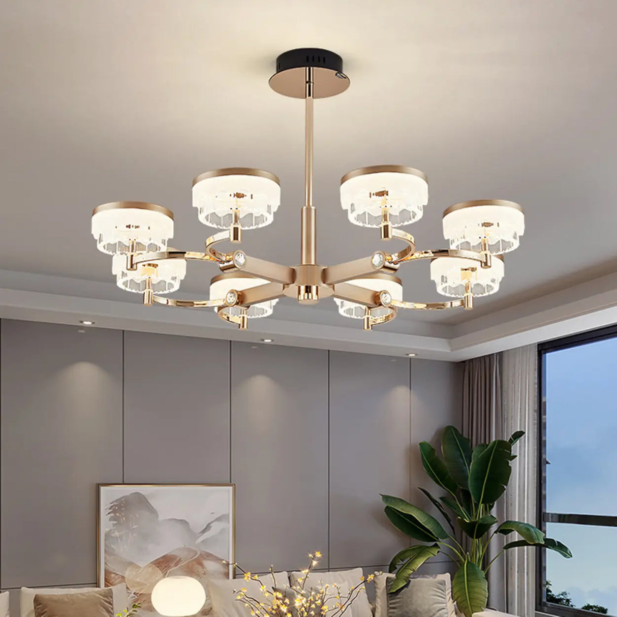 Art Deco Cylinder Gold Metal Living Room Glass Chandelier Image - 4