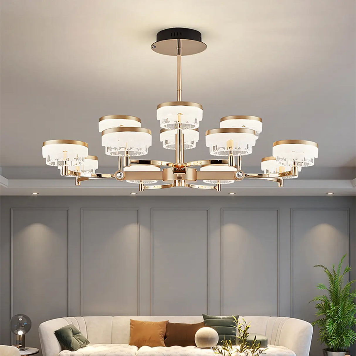 Art Deco Cylinder Gold Metal Living Room Glass Chandelier Image - 6
