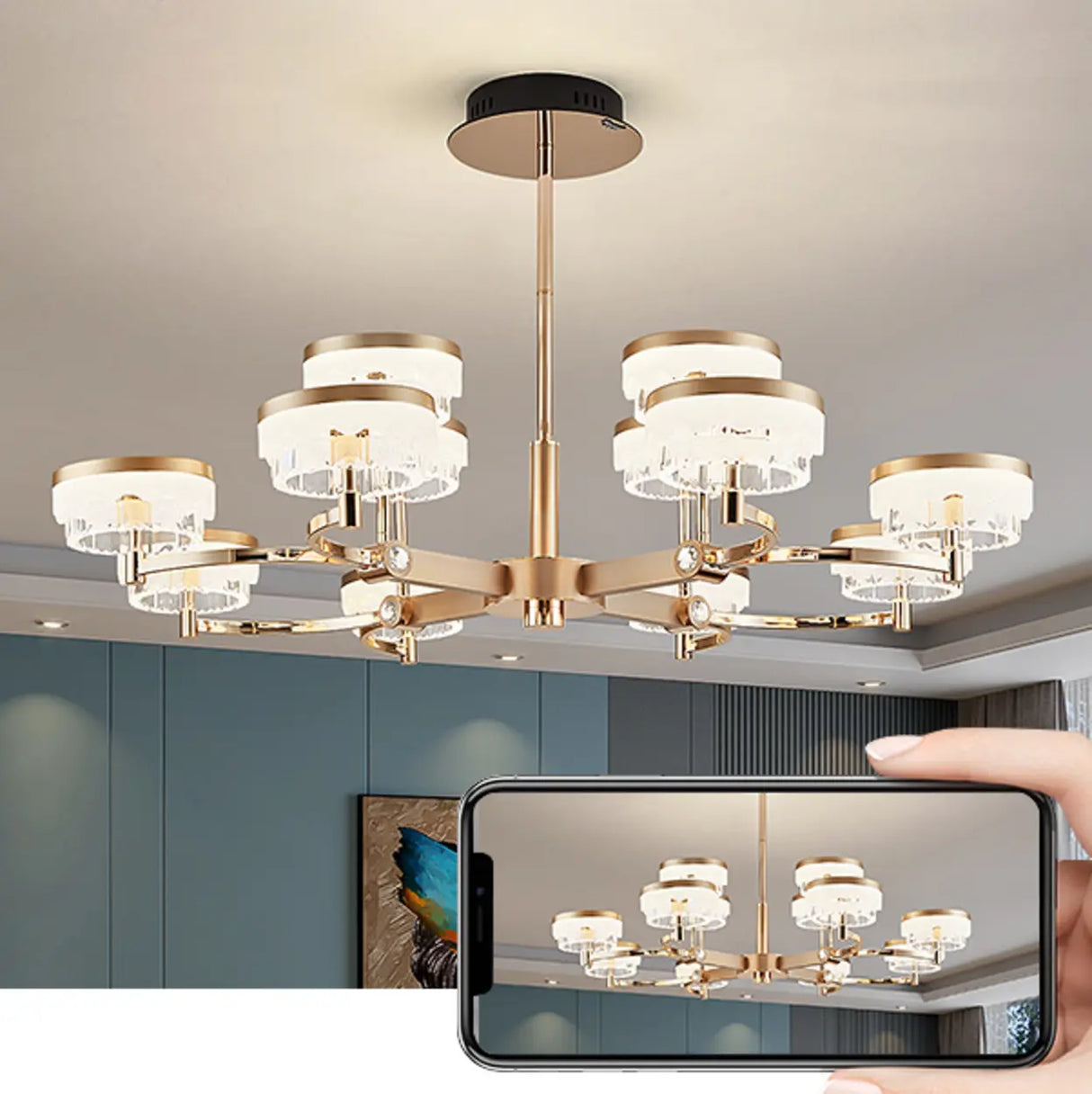 Art Deco Cylinder Gold Metal Living Room Glass Chandelier Image - 7