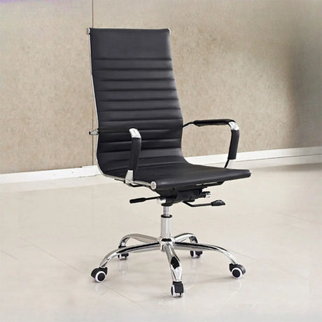 Art Deco Ergonomic Black Leather Fixed Arms Office Chair Image - 1