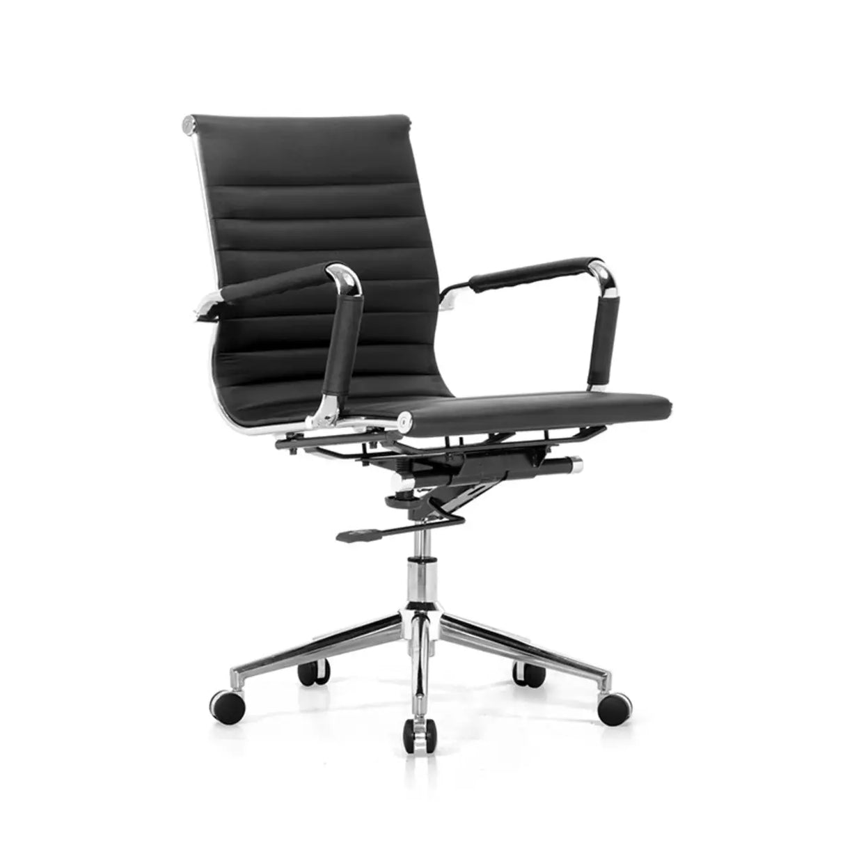Art Deco Ergonomic Black Leather Fixed Arms Office Chair Image - 7