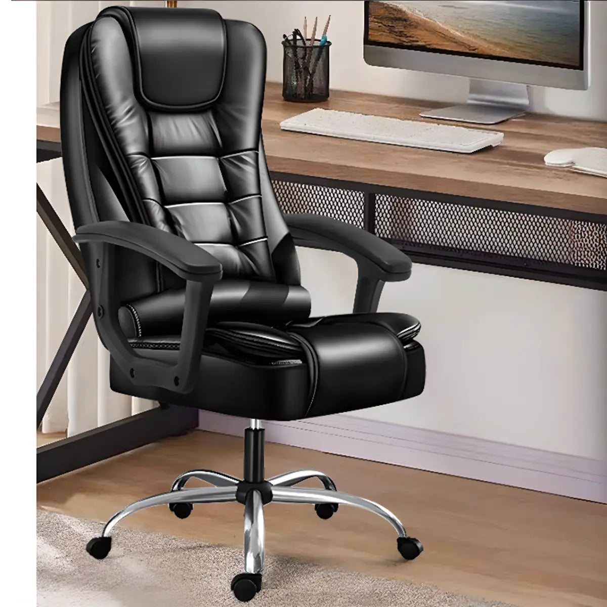 Art Deco Ergonomic Leather Office Chair with Headrest Image - 1