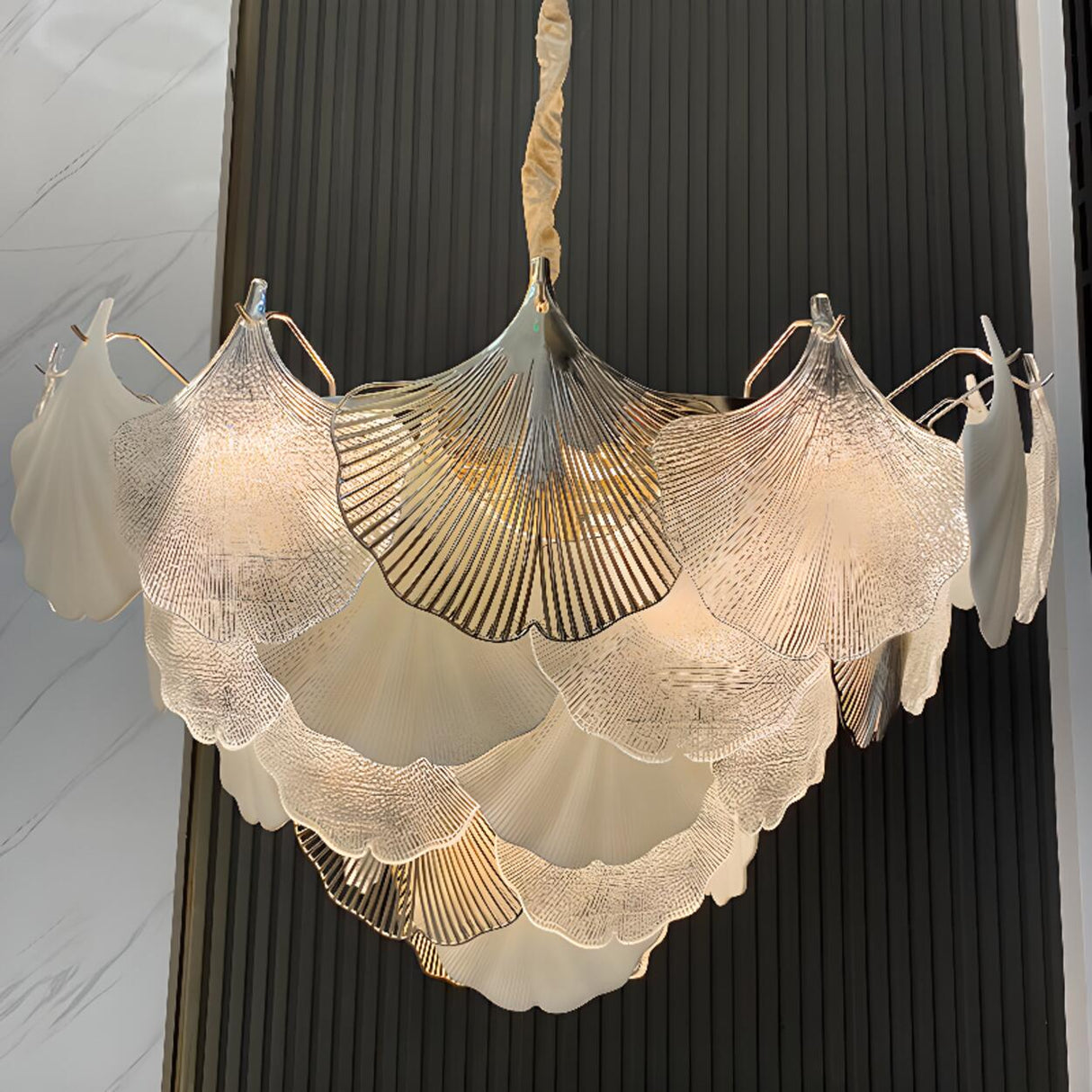 Art Deco Glass Ginkgo Leaves Pendant Chandelier Image - 10