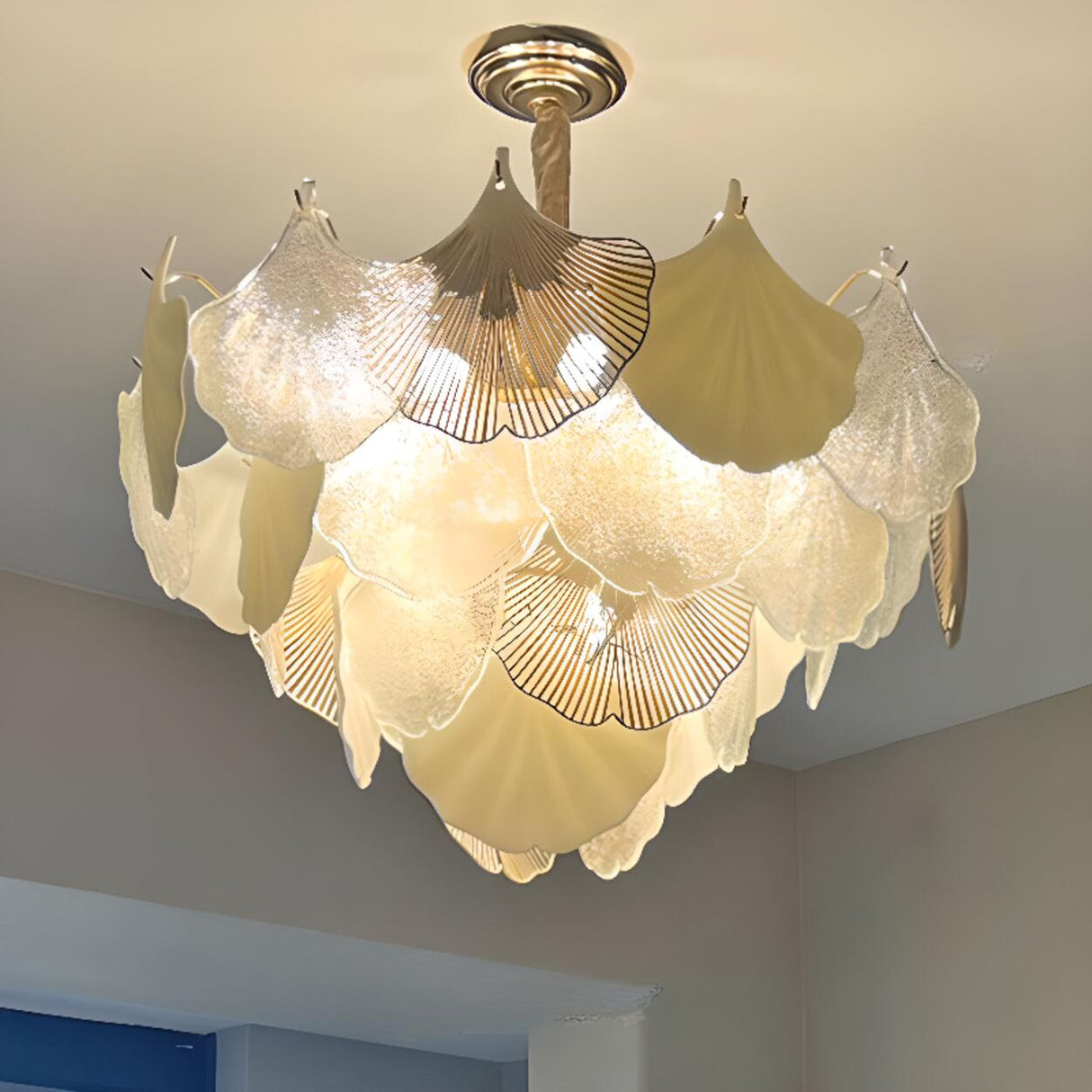 Art Deco Glass Ginkgo Leaves Pendant Chandelier Image - 3