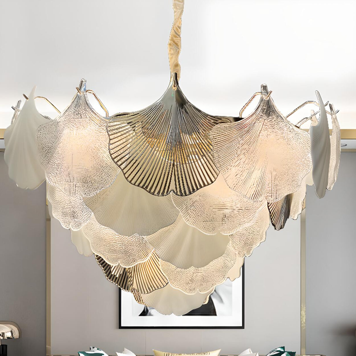 Art Deco Glass Ginkgo Leaves Pendant Chandelier Image - 4