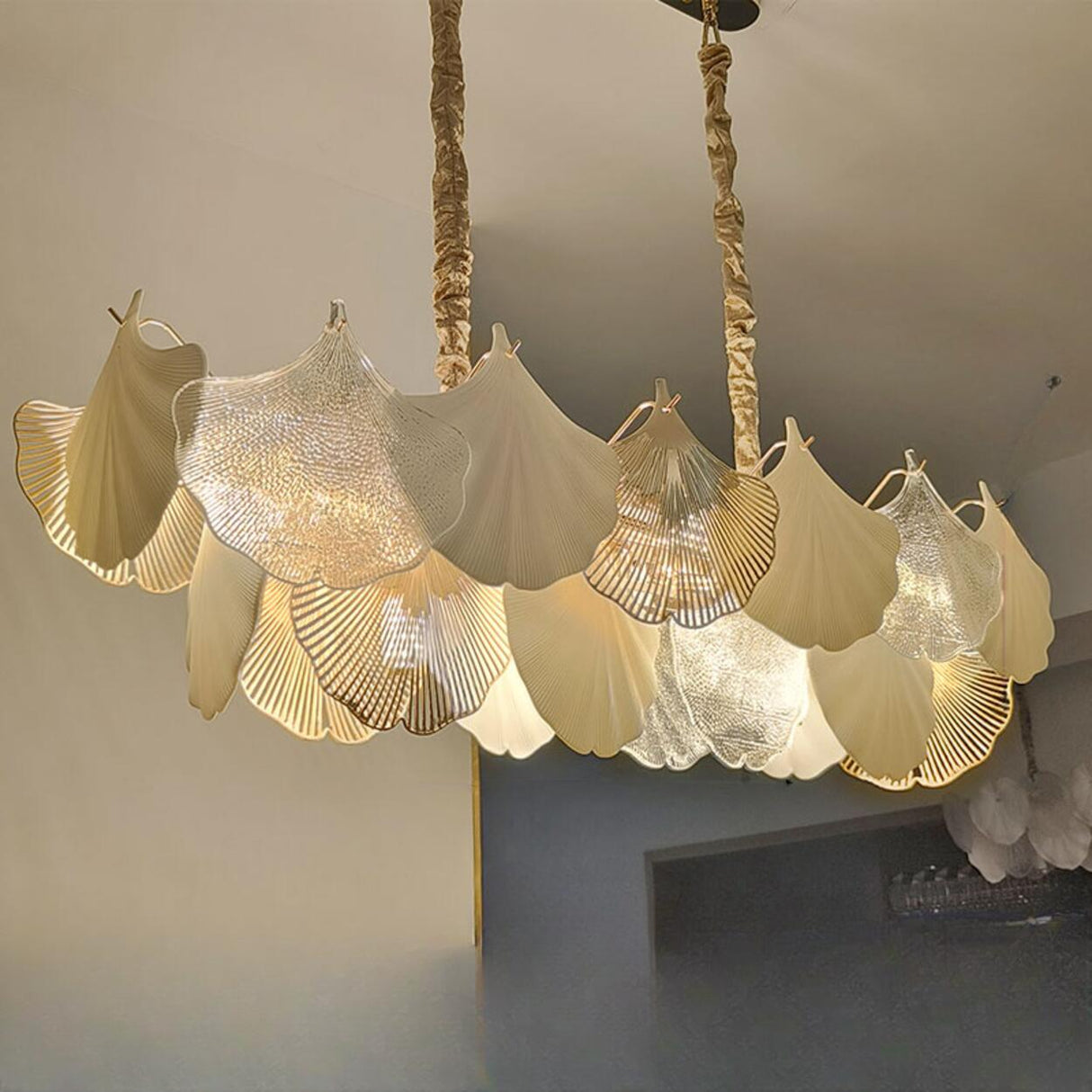 Art Deco Glass Ginkgo Leaves Pendant Chandelier Image - 5