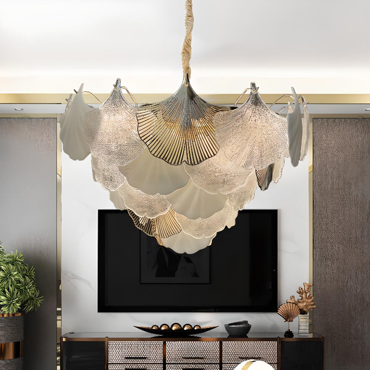Art Deco Glass Ginkgo Leaves Pendant Chandelier Image - 6