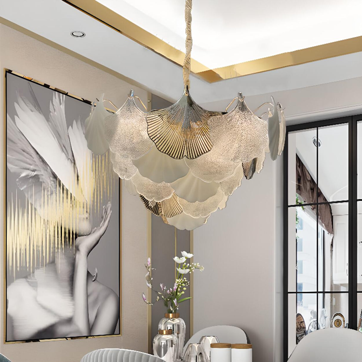 Art Deco Glass Ginkgo Leaves Pendant Chandelier Image - 8