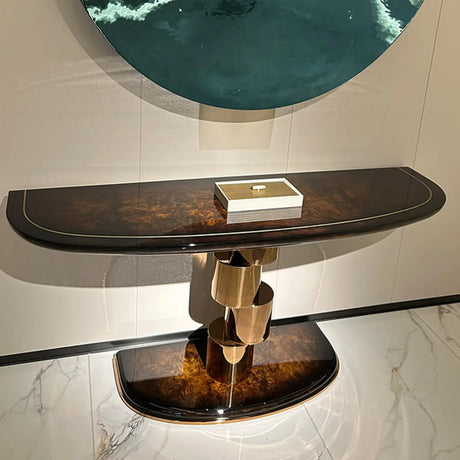 Art Deco Half Moon Abstract Base Wood Brown Console Table Image - 1