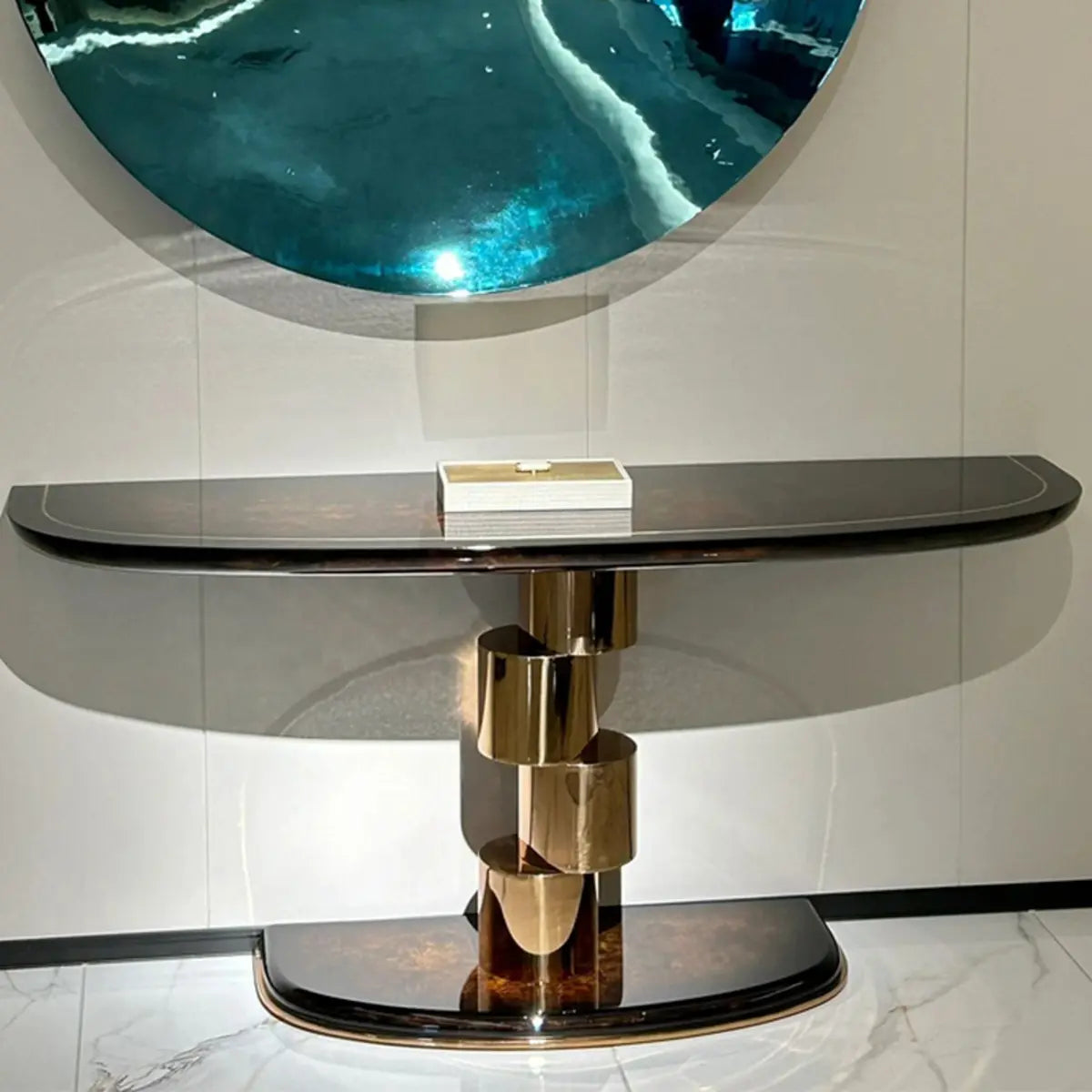 Art Deco Half Moon Abstract Base Wood Brown Console Table Image - 4