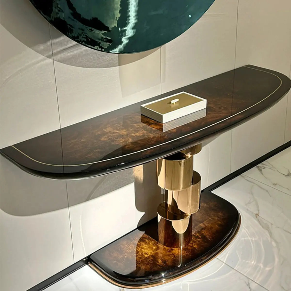 Art Deco Half Moon Abstract Base Wood Brown Console Table Image - 5