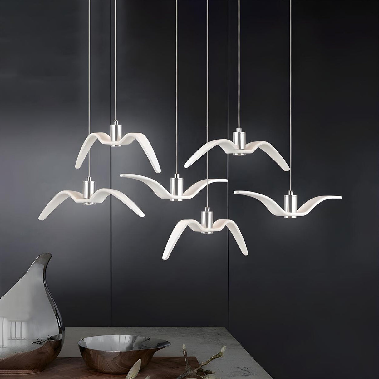 Art Deco Modern White Bird Seagull Round Pendant Light Image - 3