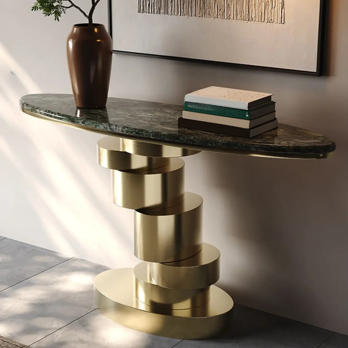 Art Deco Spiral Glass Bronze Base Oval Console Table Image - 3