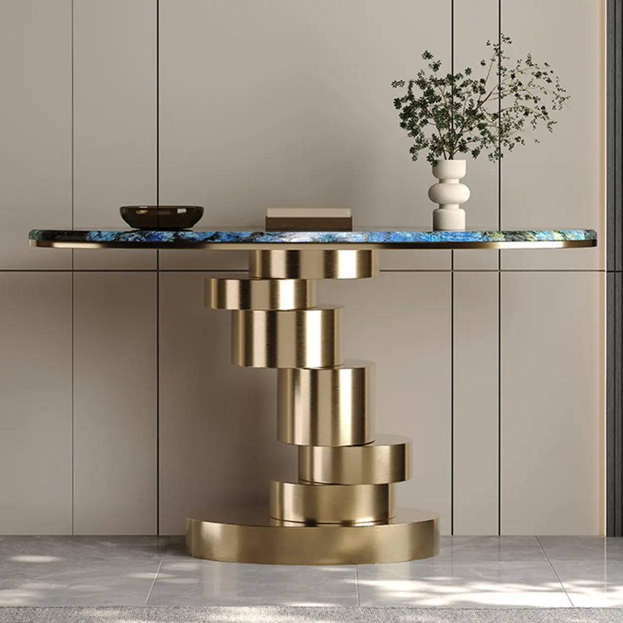 Art Deco Spiral Glass Bronze Base Oval Console Table Image - 4