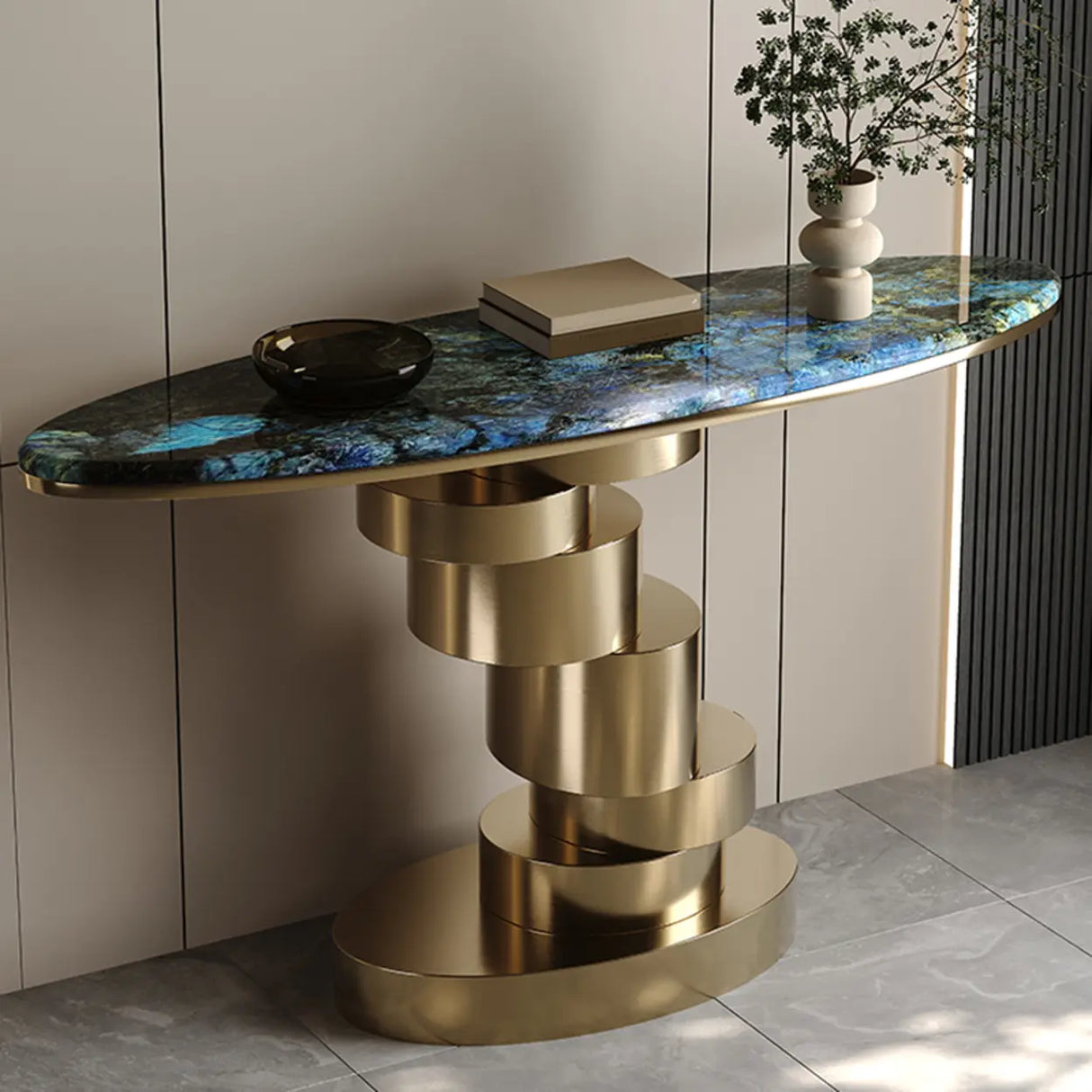 Art Deco Spiral Glass Bronze Base Oval Console Table Image - 5