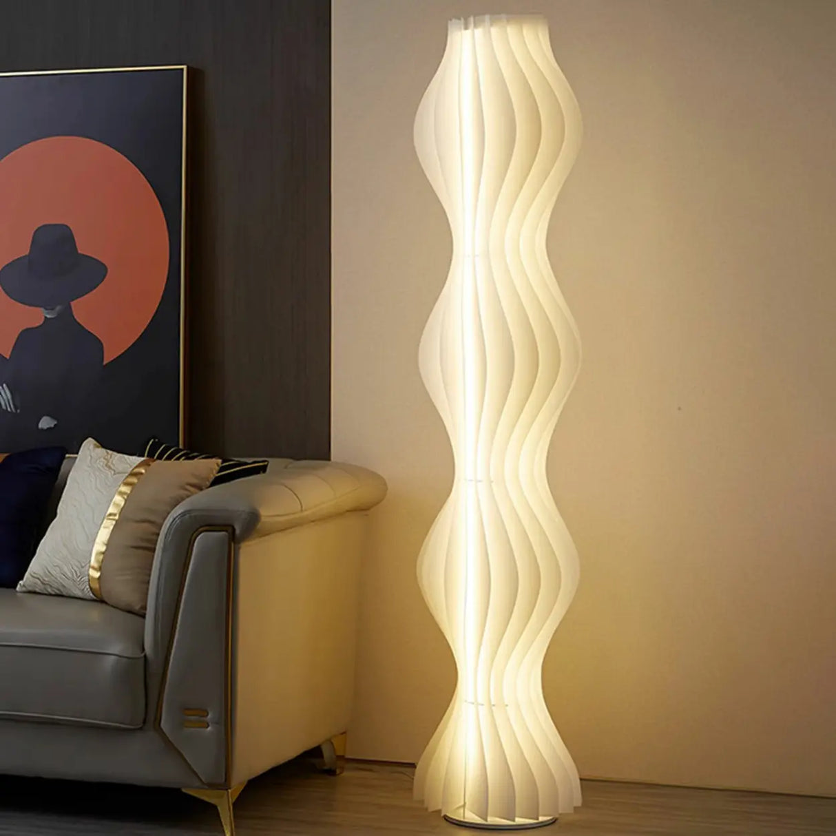 Art Deco Wave Patterned Column Metal Floor Lamp Image - 6