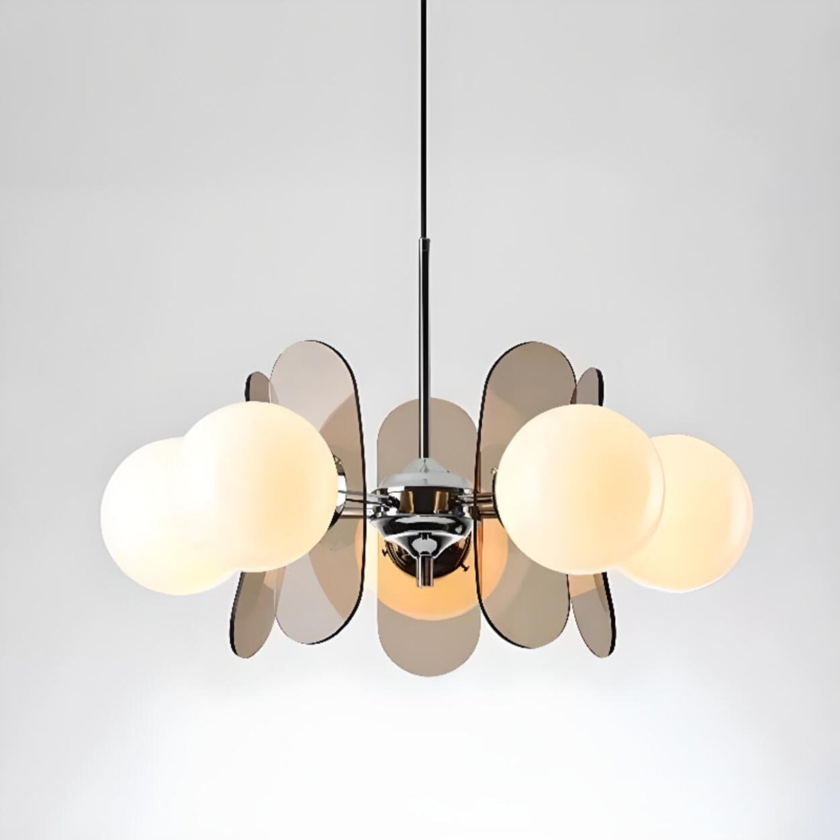 Art Deco White Glass Orb Smoke Glass Panel Chandelier Image - 10
