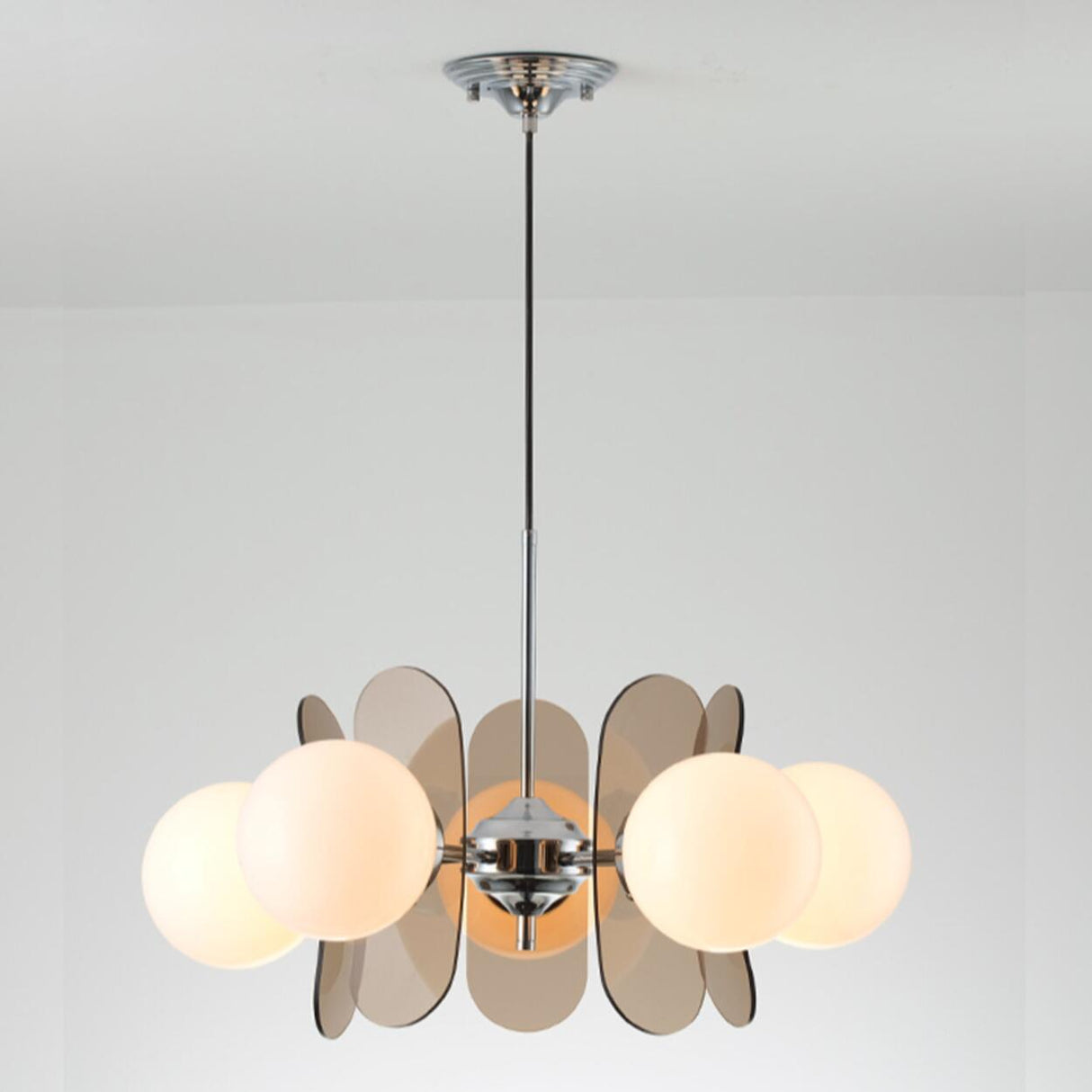 Art Deco White Glass Orb Smoke Glass Panel Chandelier Image - 11