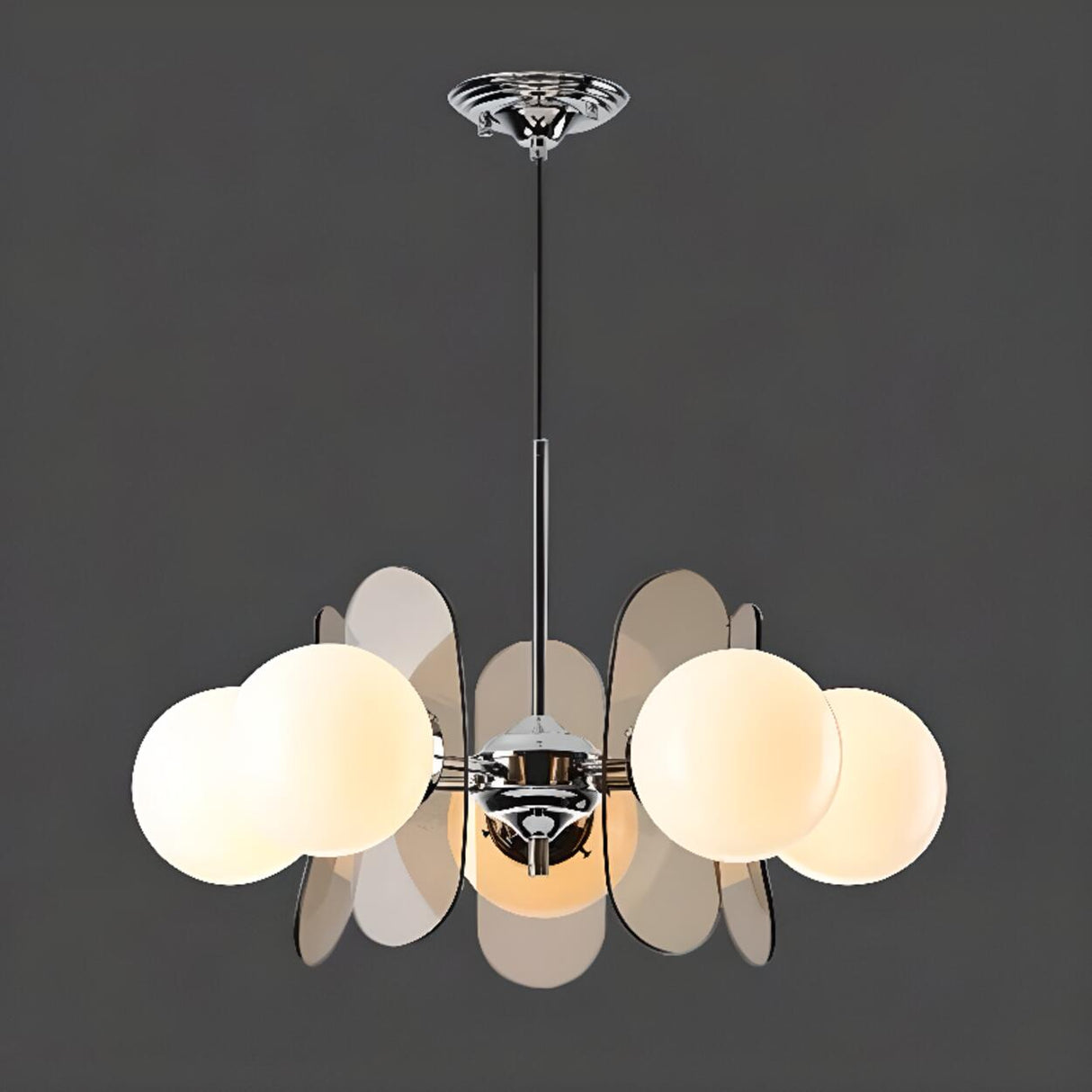 Art Deco White Glass Orb Smoke Glass Panel Chandelier Image - 6