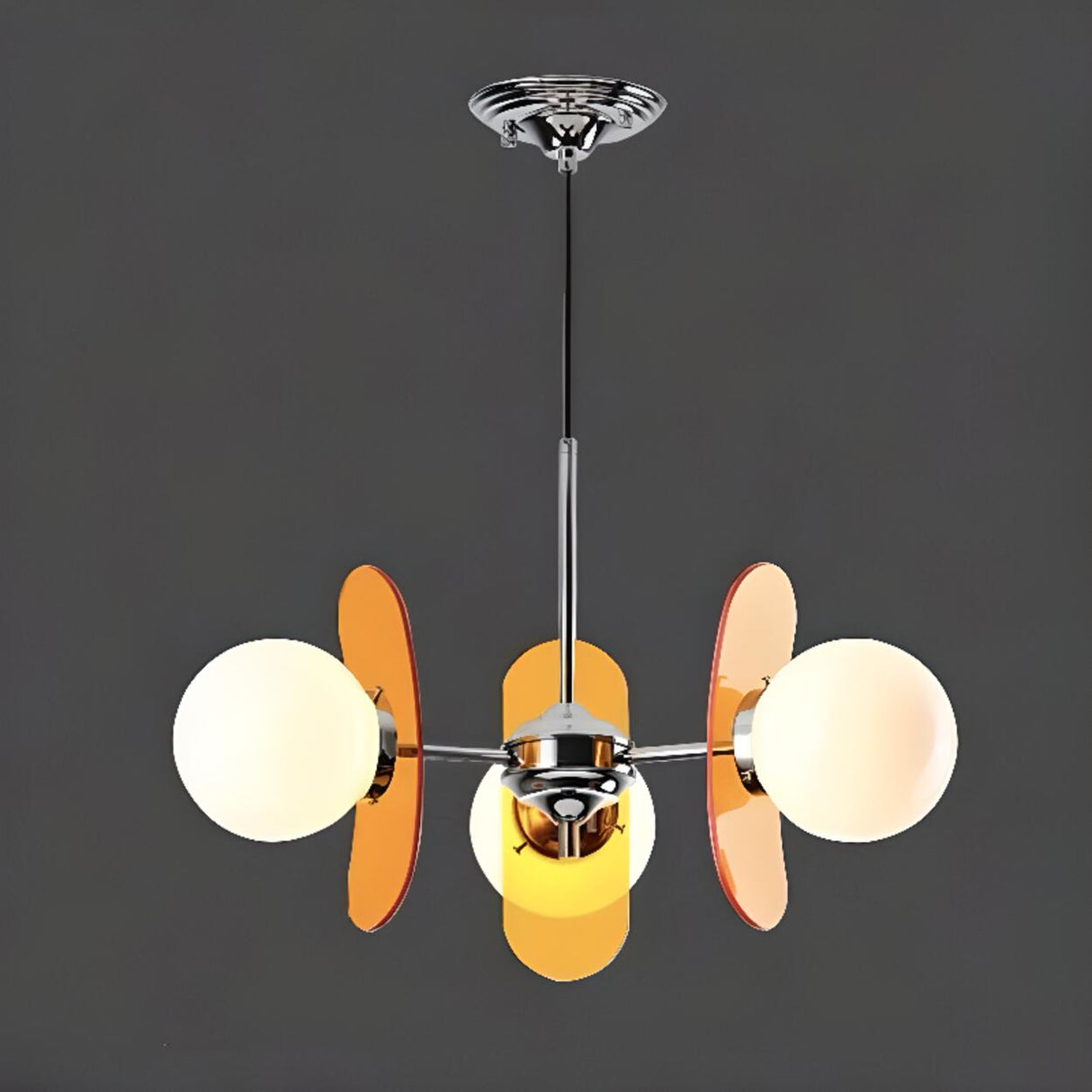 Art Deco White Glass Orb Smoke Glass Panel Chandelier Image - 7