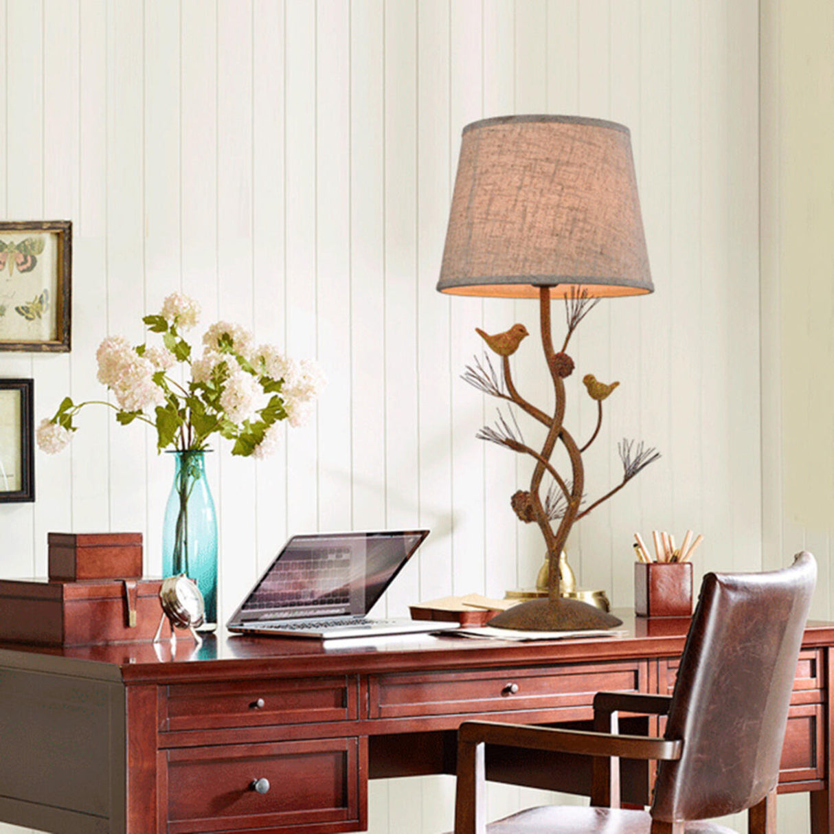 Art Tree-Shaped Base Fabric Shade Bedside Table Lamp Image - 11