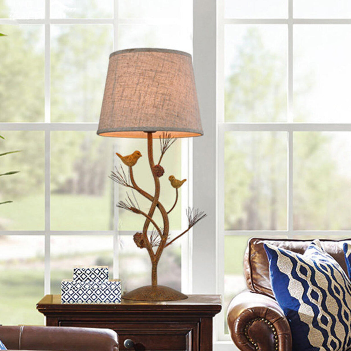 Art Tree-Shaped Base Fabric Shade Bedside Table Lamp Image - 3