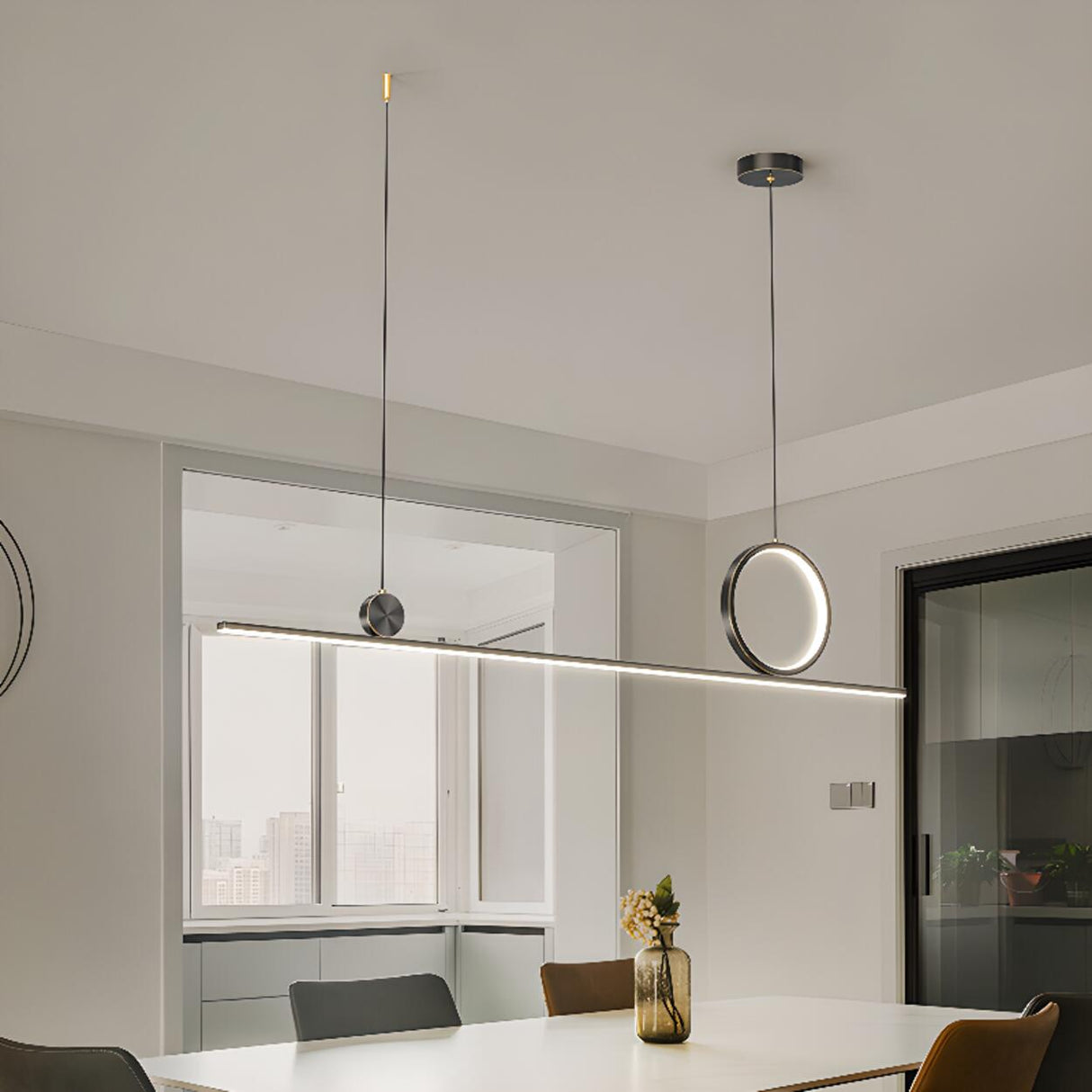 Artistic Black Linear and Ring Pendant Light Set Image - 8
