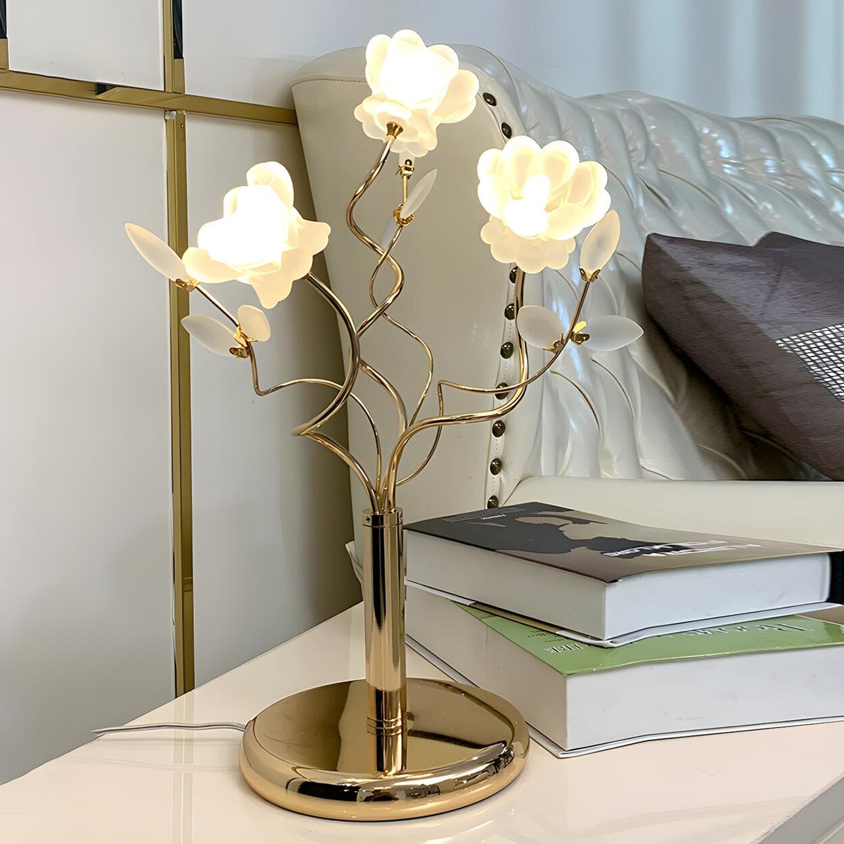 Artistic Branch Base Frosted Flower Shade Table Lamp Image - 1