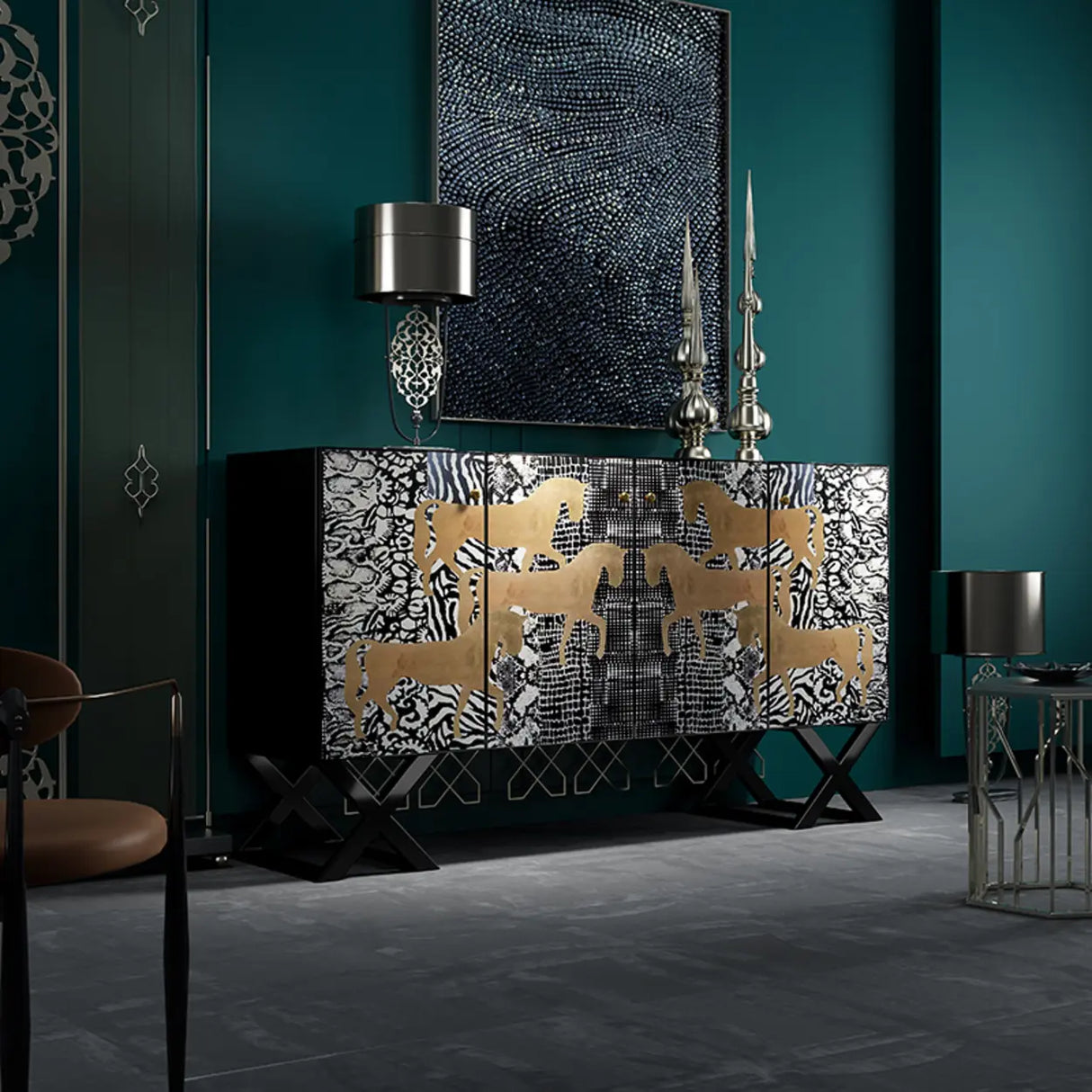 Artistic Cross Legs Storage Console Table with Cabinet Image - 5