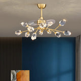 Artistic Firefly Crystal Decor Brass Ceiling Fan Light Image - 1