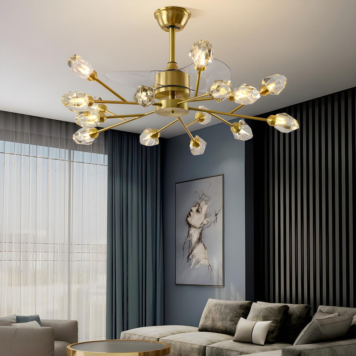 Artistic Firefly Crystal Decor Brass Ceiling Fan Light Image - 13