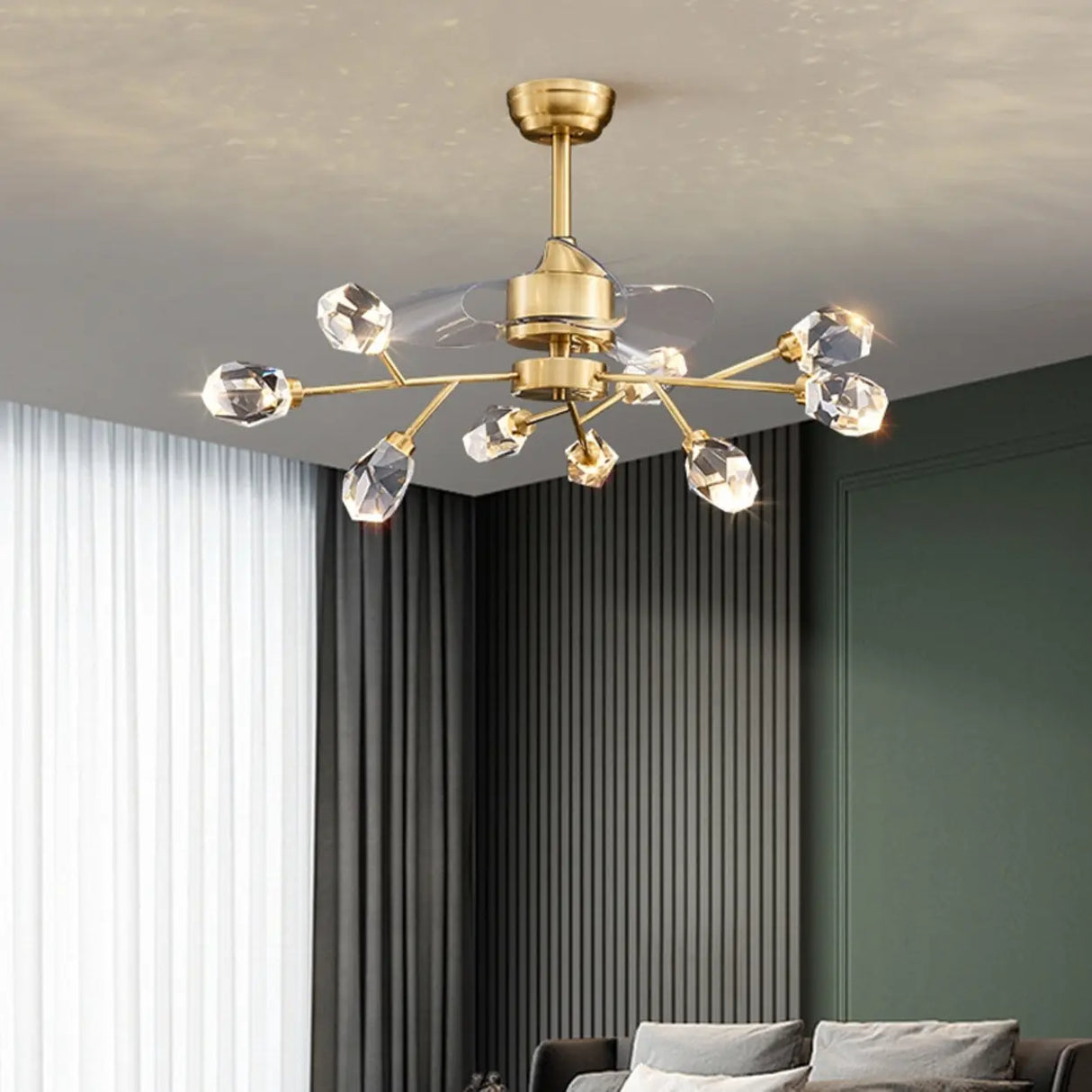 Artistic Firefly Crystal Decor Brass Ceiling Fan Light Image - 2