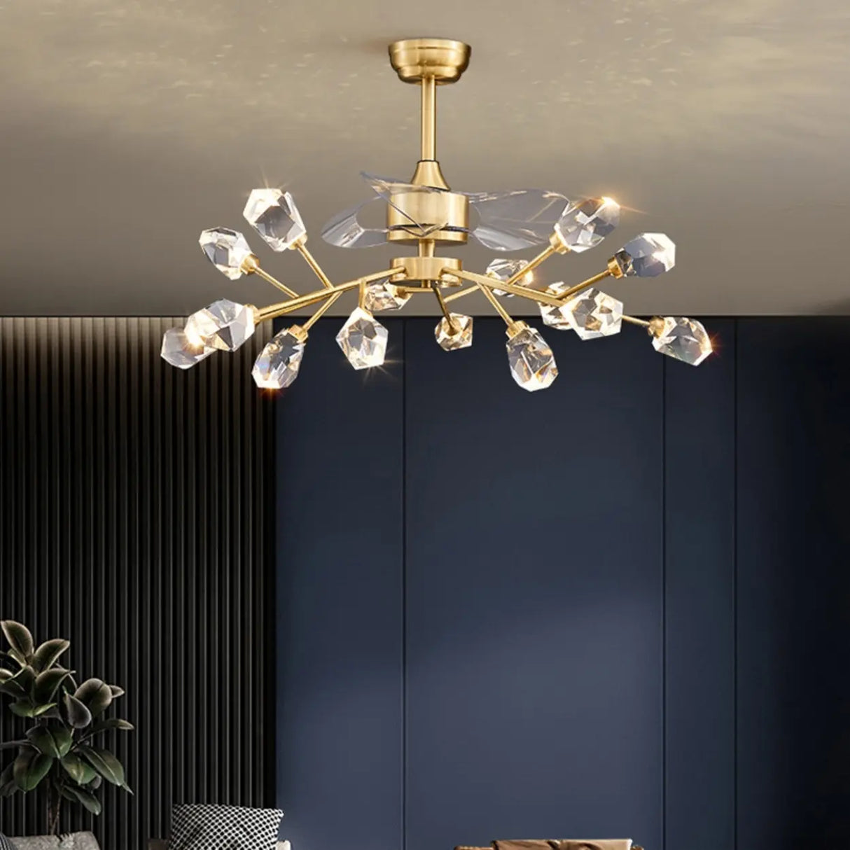 Artistic Firefly Crystal Decor Brass Ceiling Fan Light Image - 3