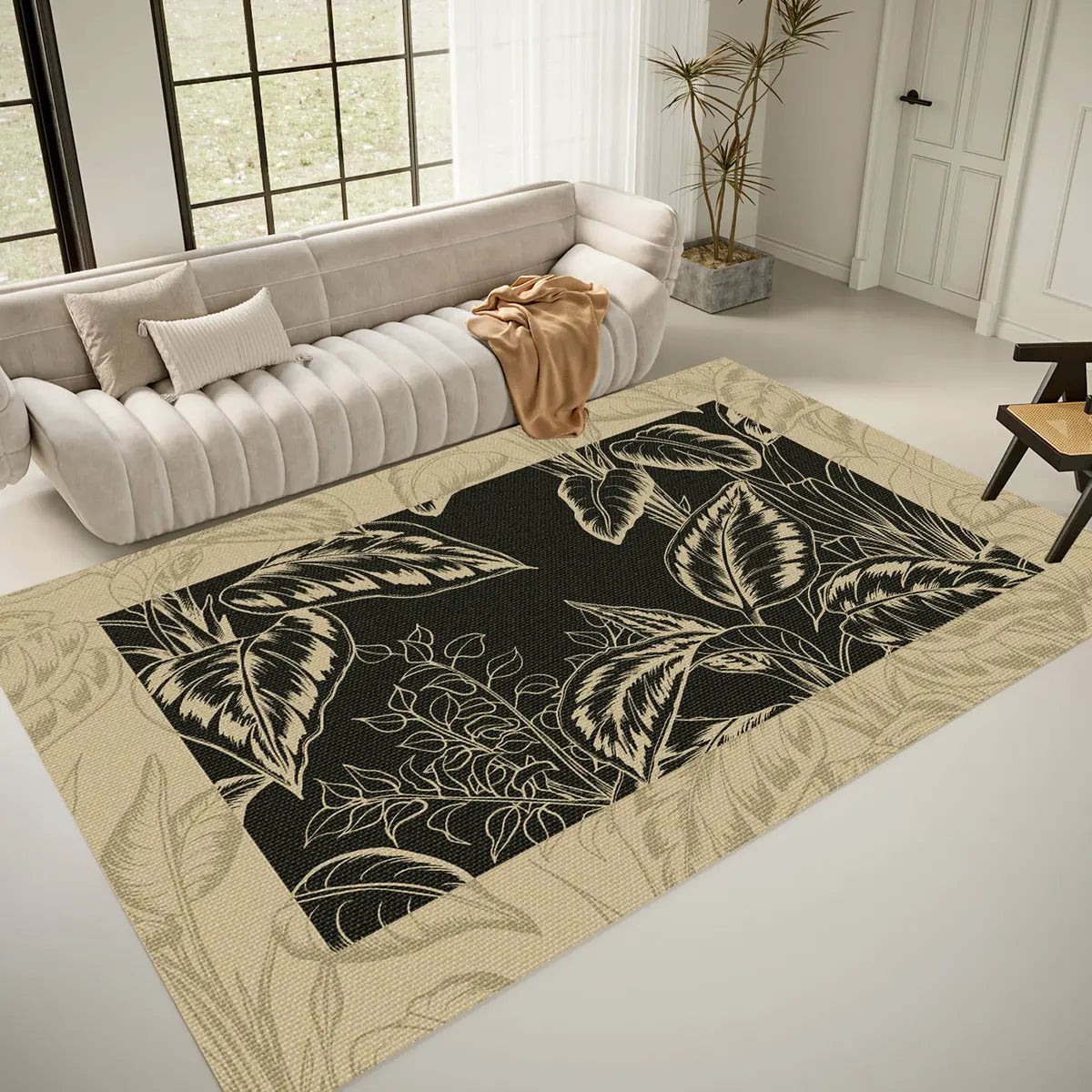 Artistic Floral Leaf Pattern Polyester Black Area Rug Image - 1