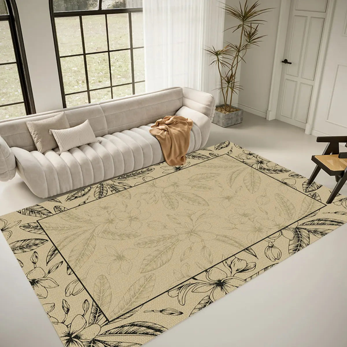 Artistic Floral Leaf Pattern Polyester Black Area Rug Image - 11