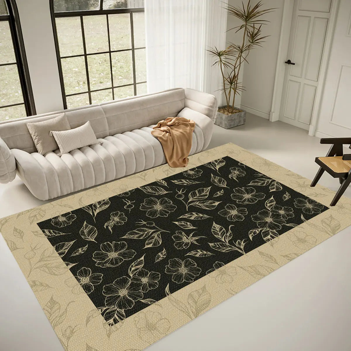 Artistic Floral Leaf Pattern Polyester Black Area Rug Image - 13
