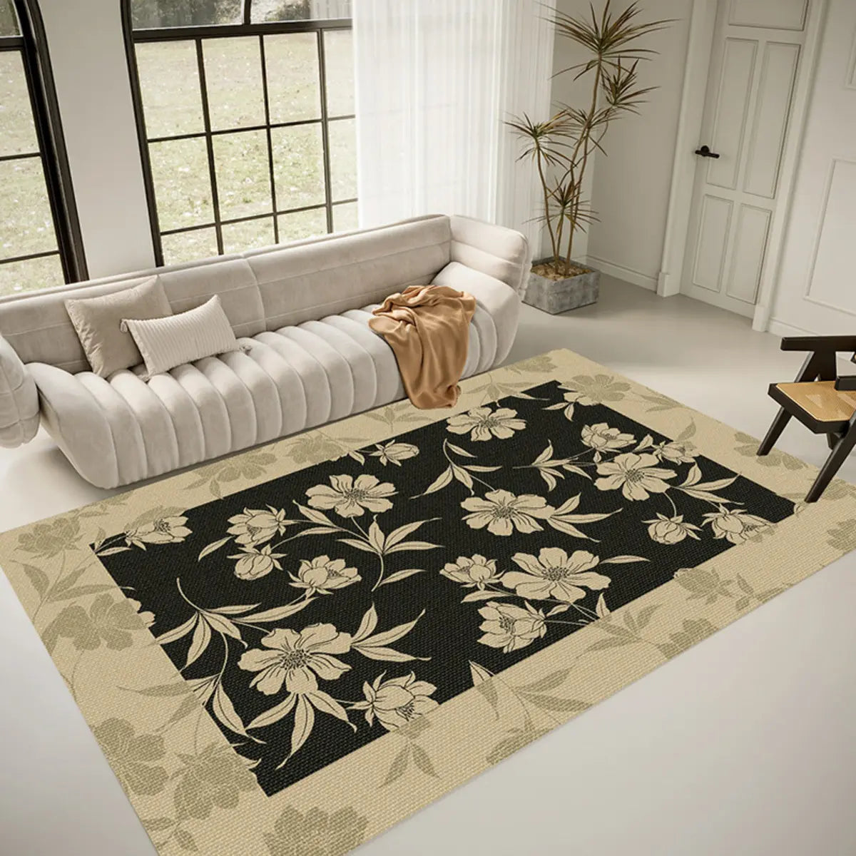 Artistic Floral Leaf Pattern Polyester Black Area Rug Image - 2