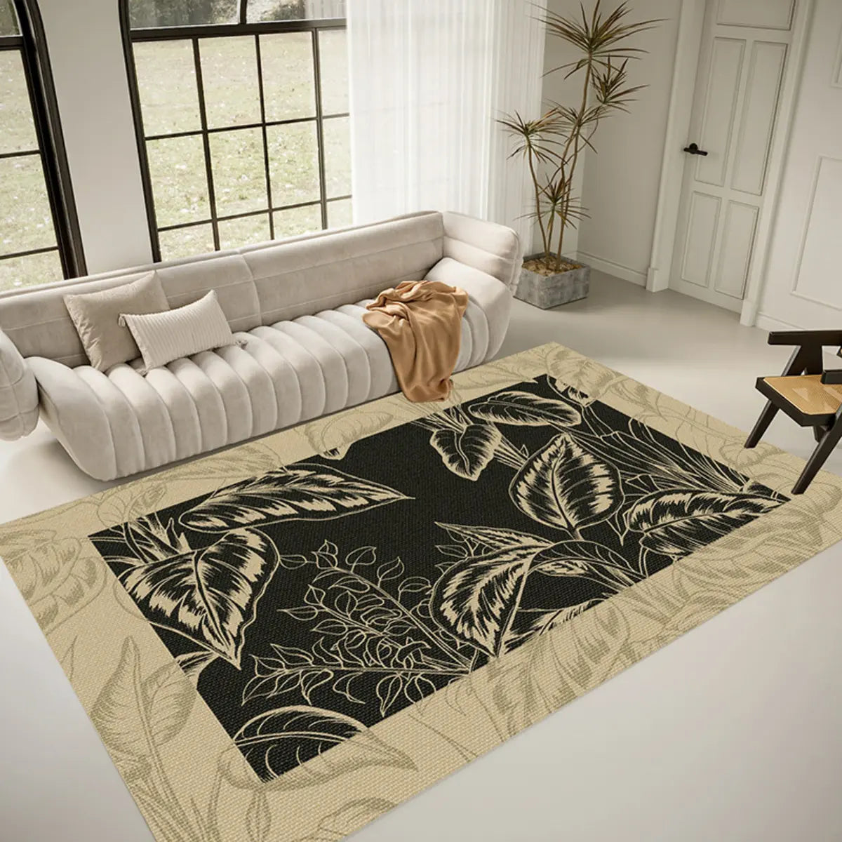 Artistic Floral Leaf Pattern Polyester Black Area Rug Image - 3