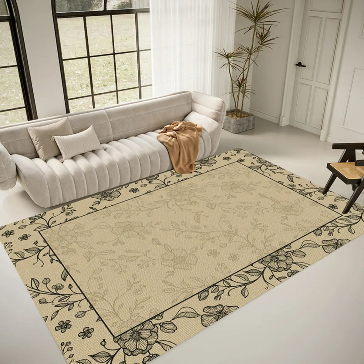 Artistic Floral Leaf Pattern Polyester Black Area Rug Image - 5