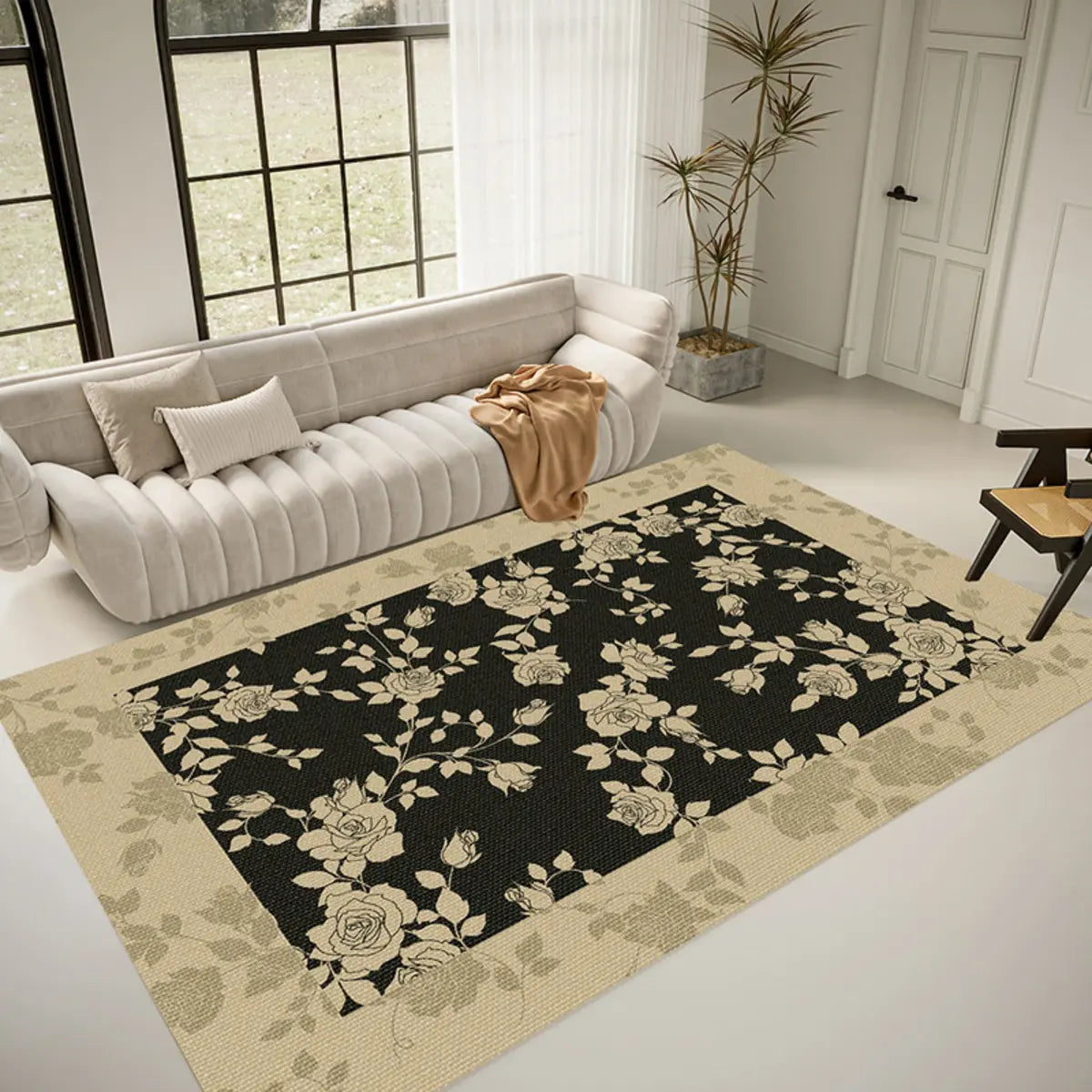 Artistic Floral Leaf Pattern Polyester Black Area Rug Image - 7