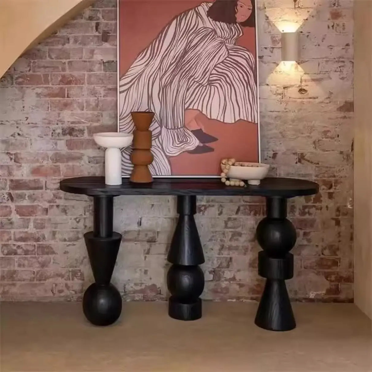 Artistic Geometric Leg Black Wood Entryway Oval Console Table Image - 1