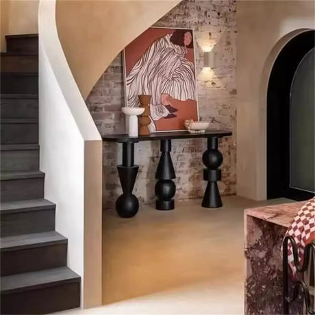 Artistic Geometric Leg Black Wood Entryway Oval Console Table Image - 2