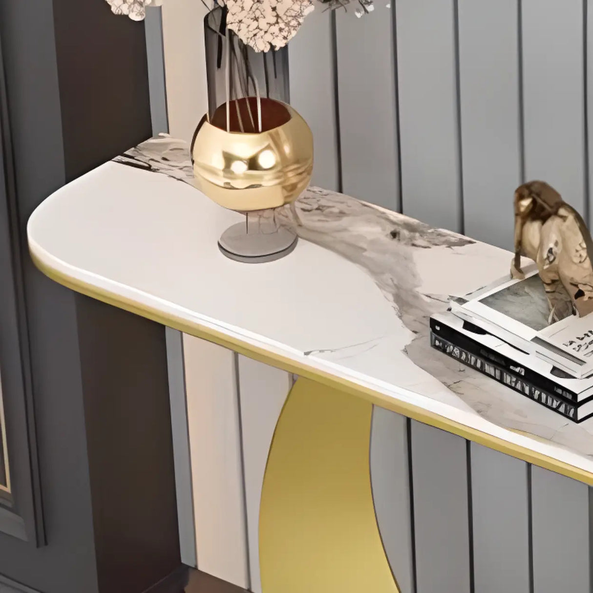 Artistic Half Circle Marble Gold Entry Console Table Image - 10