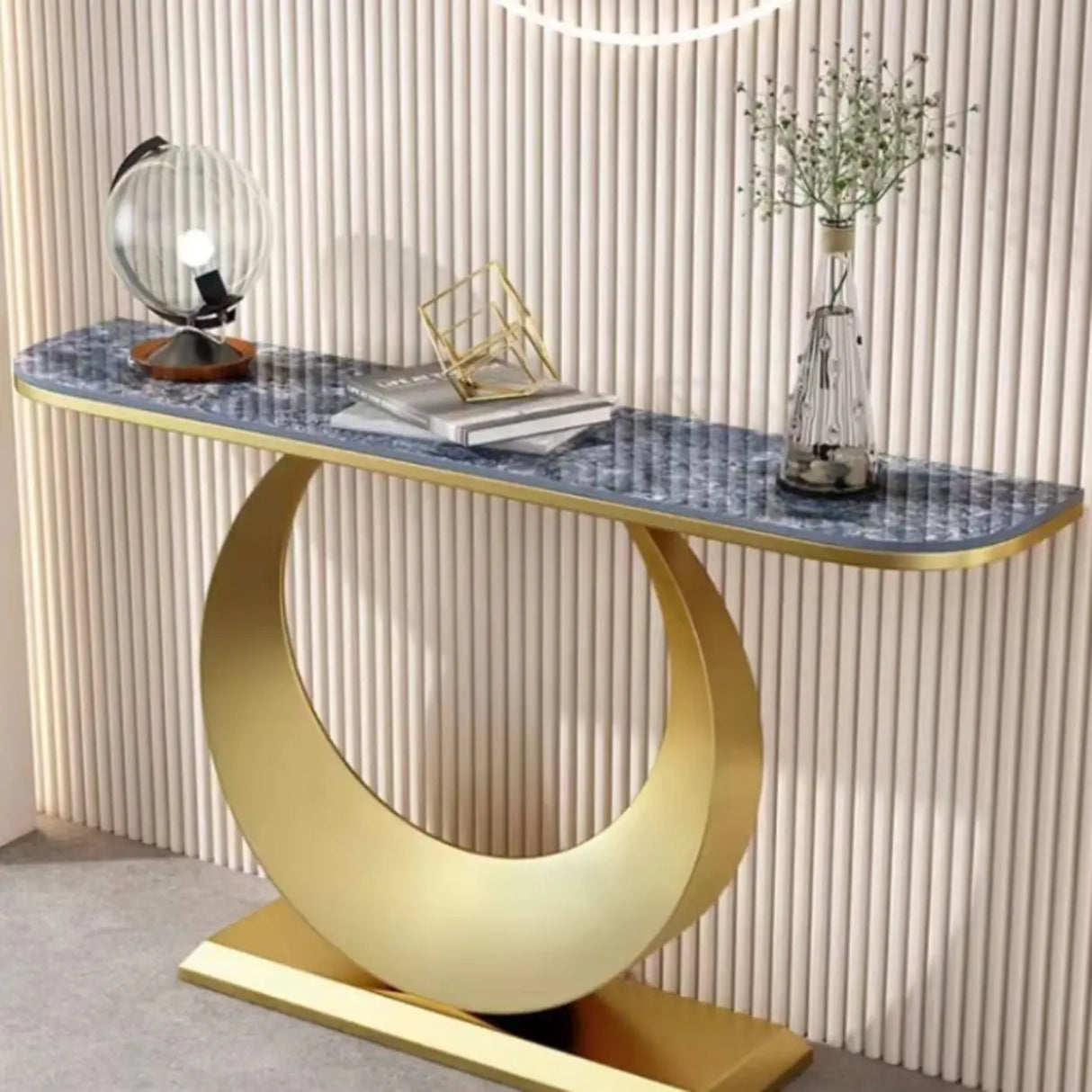 Artistic Half Circle Marble Gold Entry Console Table Image - 11