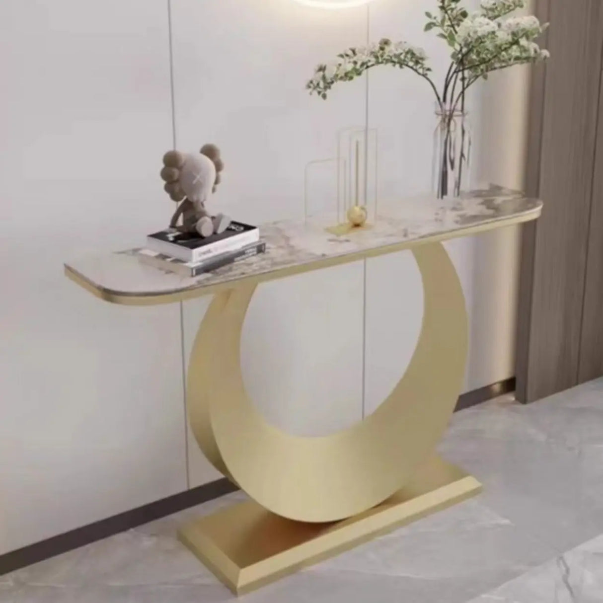Artistic Half Circle Marble Gold Entry Console Table Image - 13